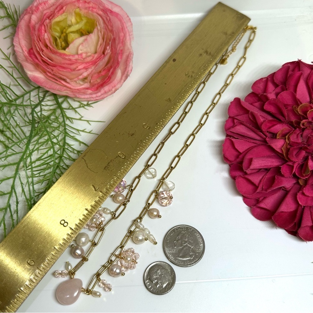 NEW⚜️Rose Quartz Freshwater Pearl & Crystal Flower Charm Necklace - Picture 6 of 8